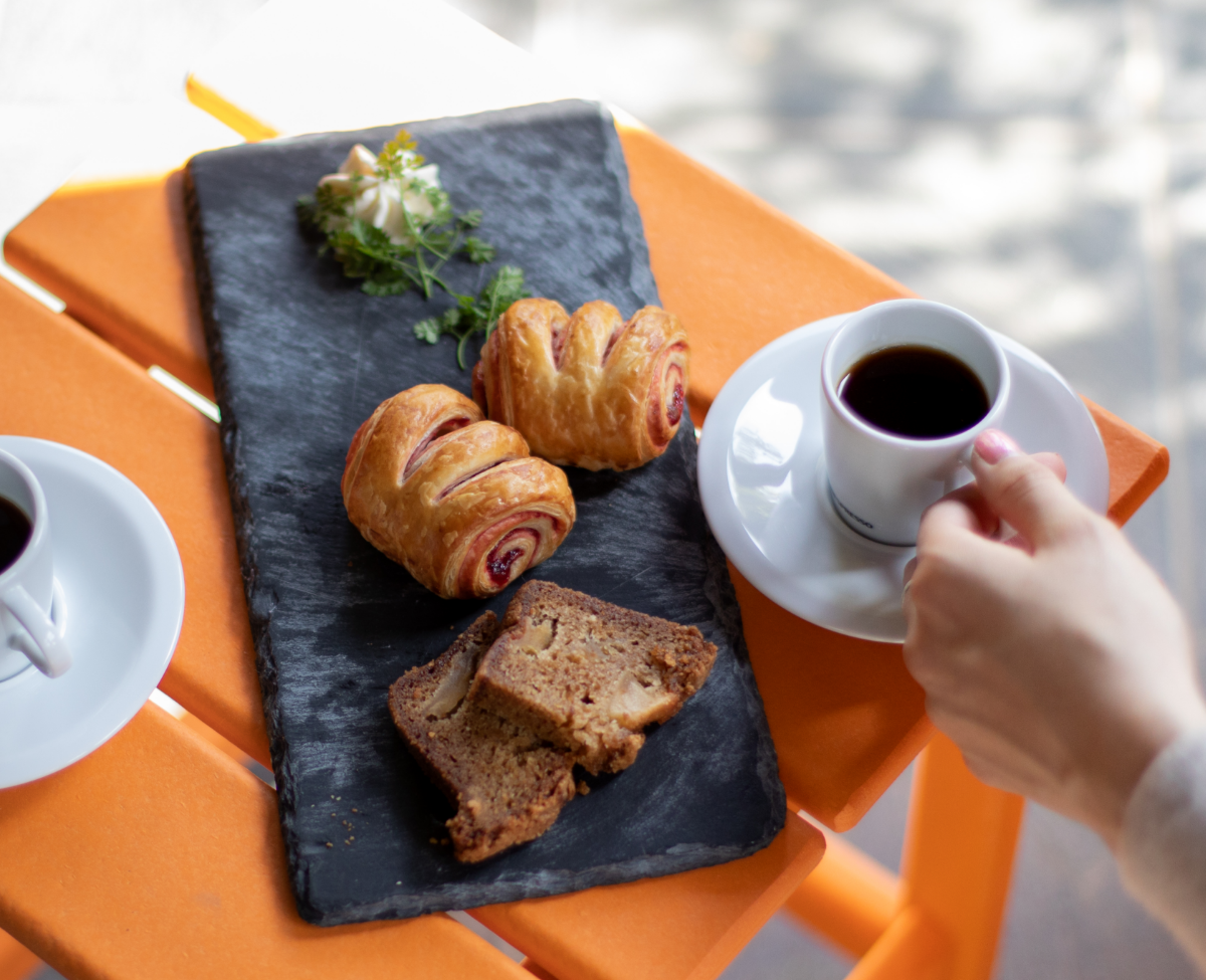 Coffee and pastries on a slate board at Winvian Farm.