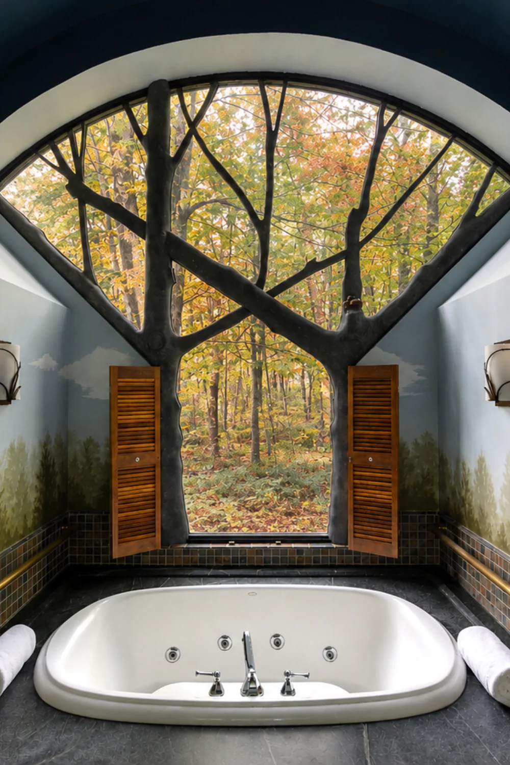 A bathtub sits below a large window shaped like tree branches, with fall trees visible outside and shutters and wall lights on either side.