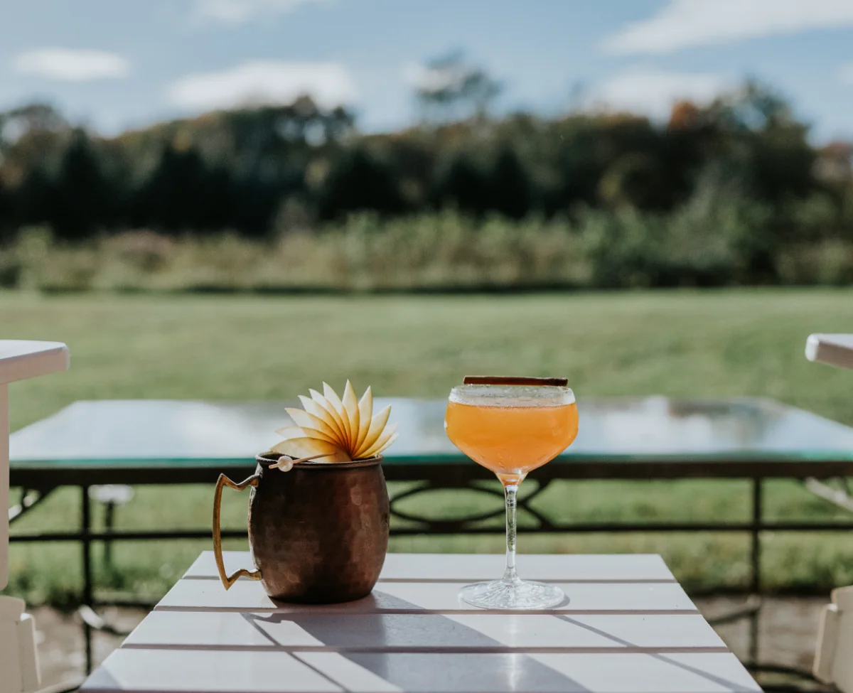 Two cocktails outside on top of a white table