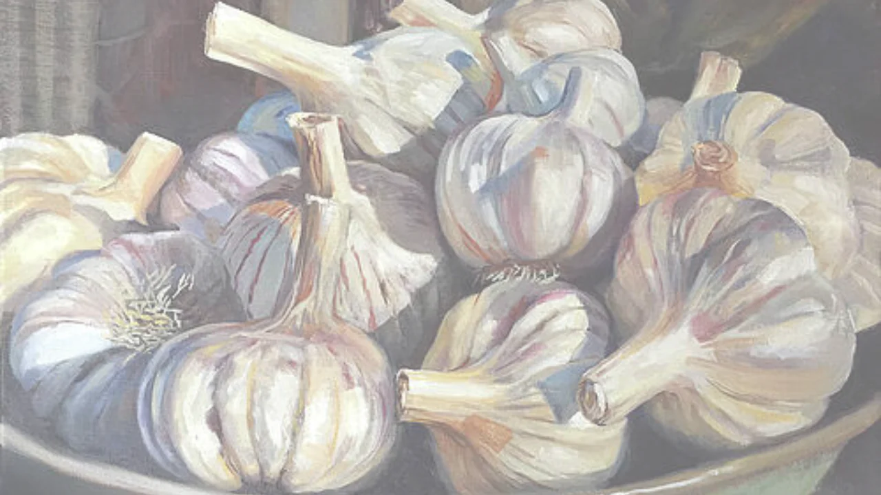 A bowl filled with several heads of garlic, painted in soft, muted colors with visible brushstrokes and natural details.